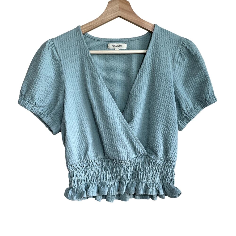 Madewell faux wrap short sleeved shirt v-neck women's‎ size small blue cotton
